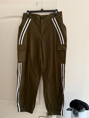 Dark Green Cargo Track Pants with White Side Stripes
